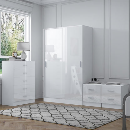 REFLECT Gloss 4pc Set - 2 Door Sliding Wardrobe + 5 Draw Chest + 2 Bedsides