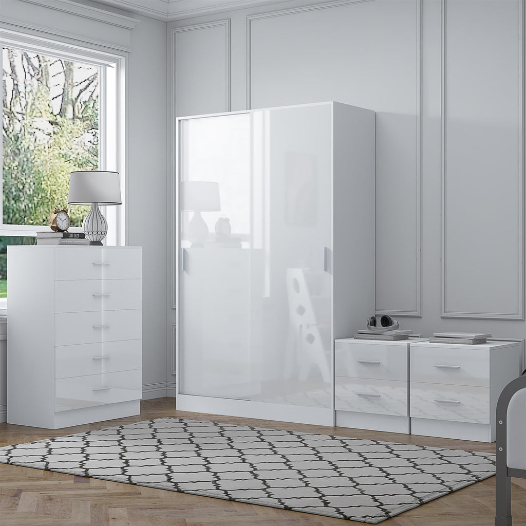 Reflect 2 Door Sliding Wardrobe, 5 Drawer Chest, 2x 2 Drawer Bedsides - White Gloss & Matt White - Modern Bedroom Furniture Set