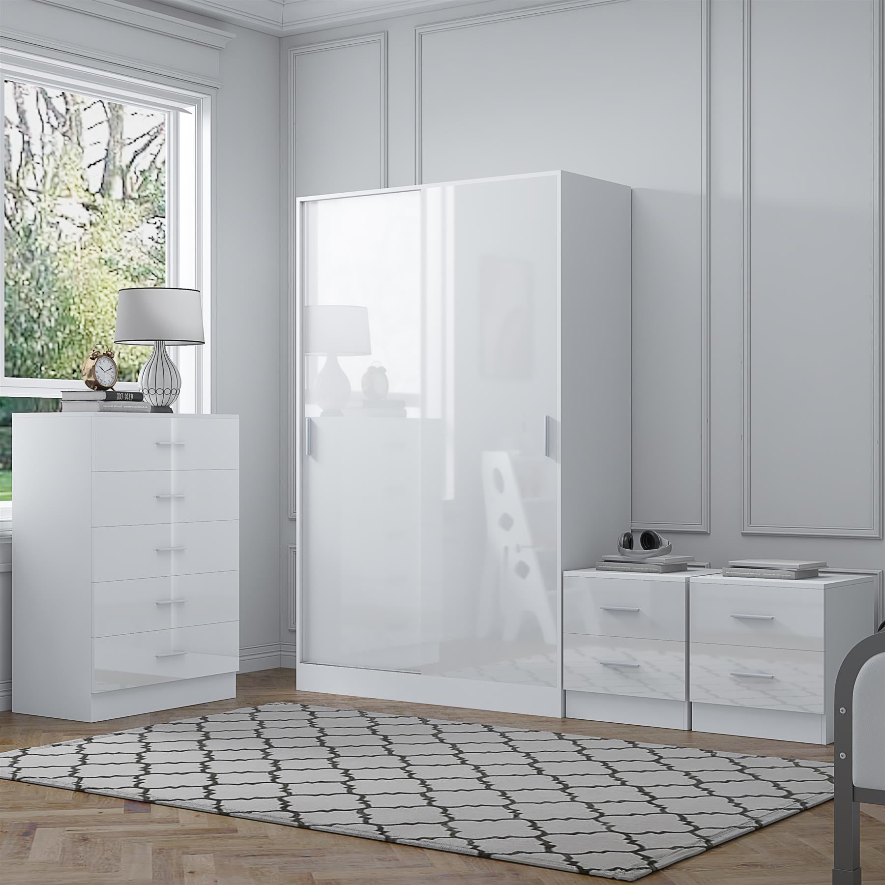 Reflect 2 Door Sliding Wardrobe, 5 Drawer Chest, 2x 2 Drawer Bedsides - White Gloss & Matt White - Modern Bedroom Furniture Set