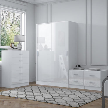 Reflect 2 Door Sliding Wardrobe, 5 Drawer Chest, 2x 2 Drawer Bedsides - White Gloss & Matt White - Modern Bedroom Furniture Set