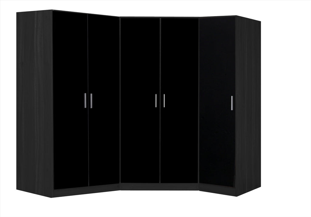 Reflect 3pc Wardrobe Bundle - 2 Door Corner + 2 Door Plain + 1 Door Plain - Black Gloss & Black Oak - H: 180cm x W: 179cm