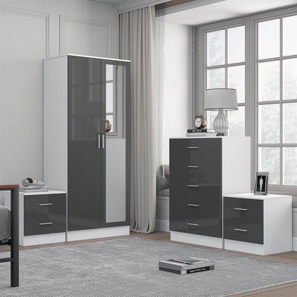 REFLECT Gloss 4pc Set - 2 Door Mirrored Wardrobe + 5 Draw Chest + 2 Bedsides