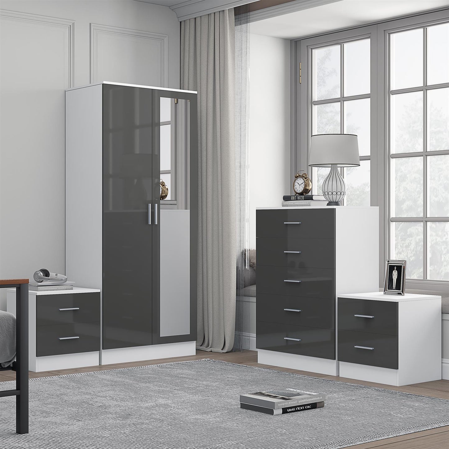 Reflect 2 Door Mirror Wardrobe, 5 Drawer Chest, 2x 2 Drawer Bedsides - Grey Gloss & Matt White - Modern Bedroom Furniture Set