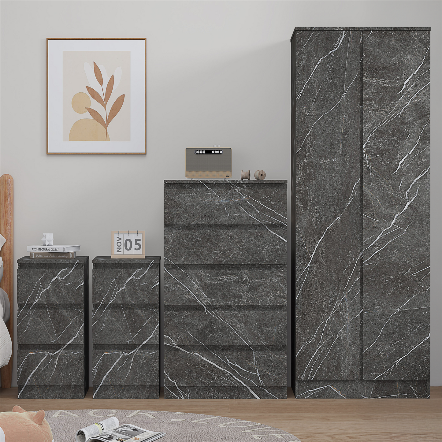 ZITA 4pc Set - 2 Door Wardrobe + Tall Chest + 2 Bedsides in White OR Grey Marble