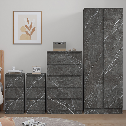 ZITA 4pc Set - 2 Door Wardrobe + Tall Chest + 2 Bedsides in White OR Grey Marble