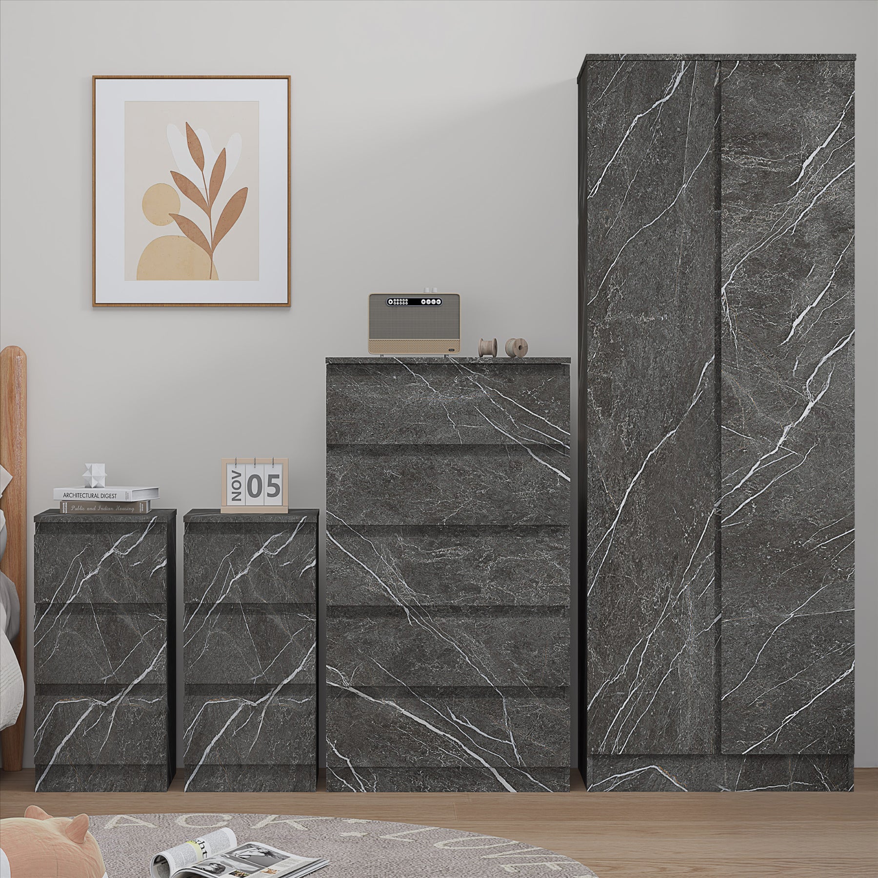 ZITA Grey Marble Effect 4 Piece Bedroom Set - 2 Door Wardrobe, Tall Chest & 2 Bedside Tables, Stylish Storage Solution