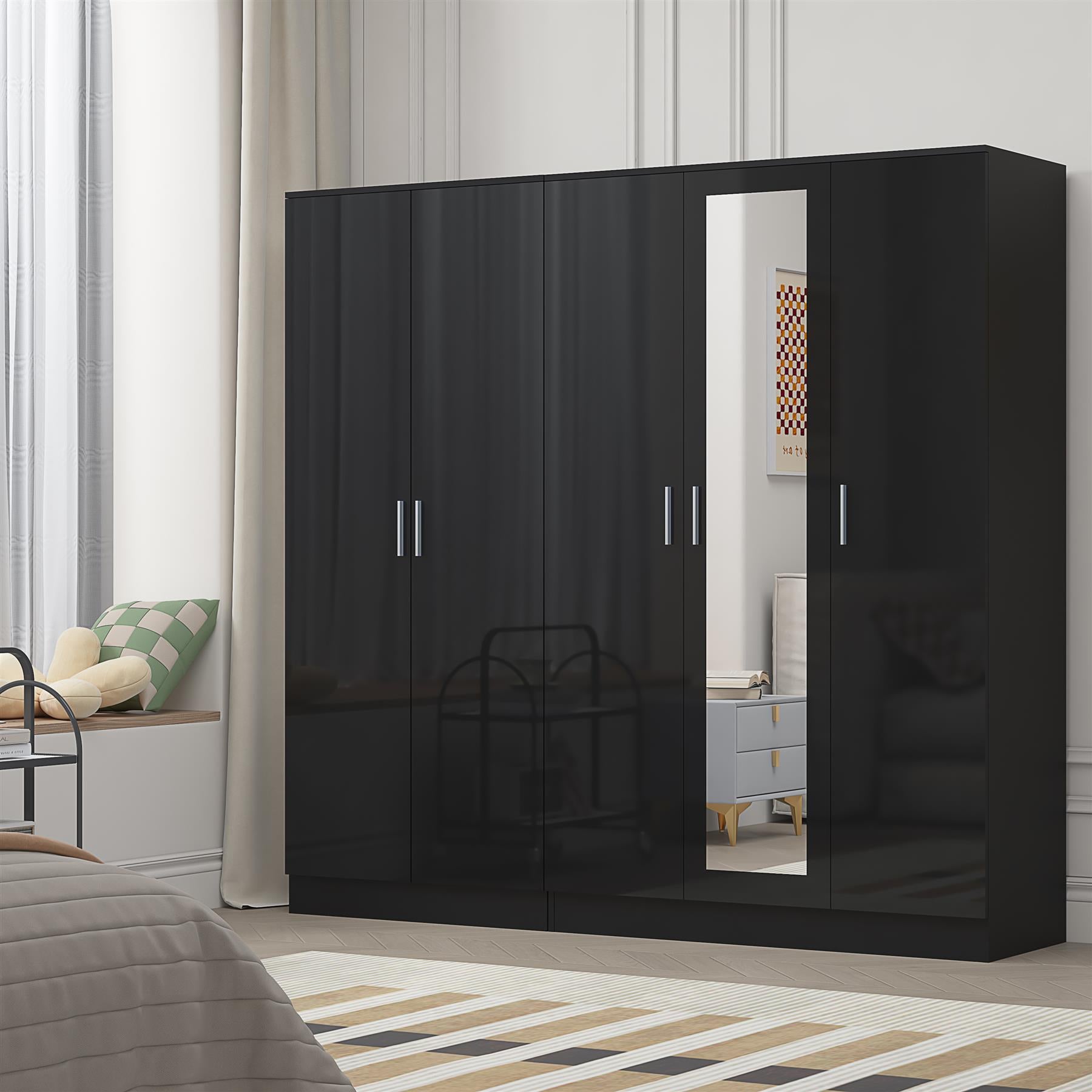 REFLECT - 3 Door MIRROR + 2 Door PLAIN Wardrobe - Gloss Black / Matt Black