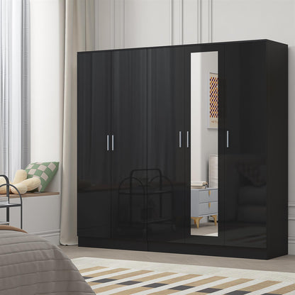 Reflect 2pc Wardrobe Bundle - 3 Door Mirror + 2 Door Plain - Black Gloss & Black Oak
