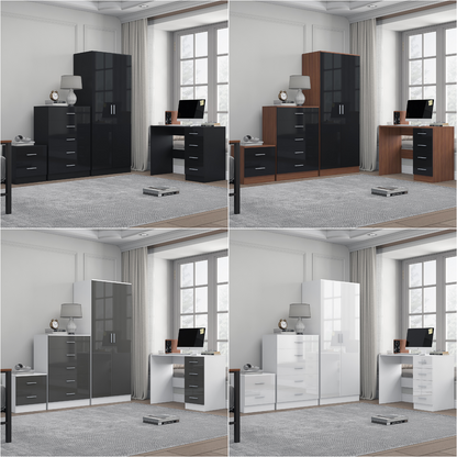 REFLECT Gloss 4pc Bedroom Set - 2 Door Wardrobe + 5 Draw Chest + Bedside + Desk