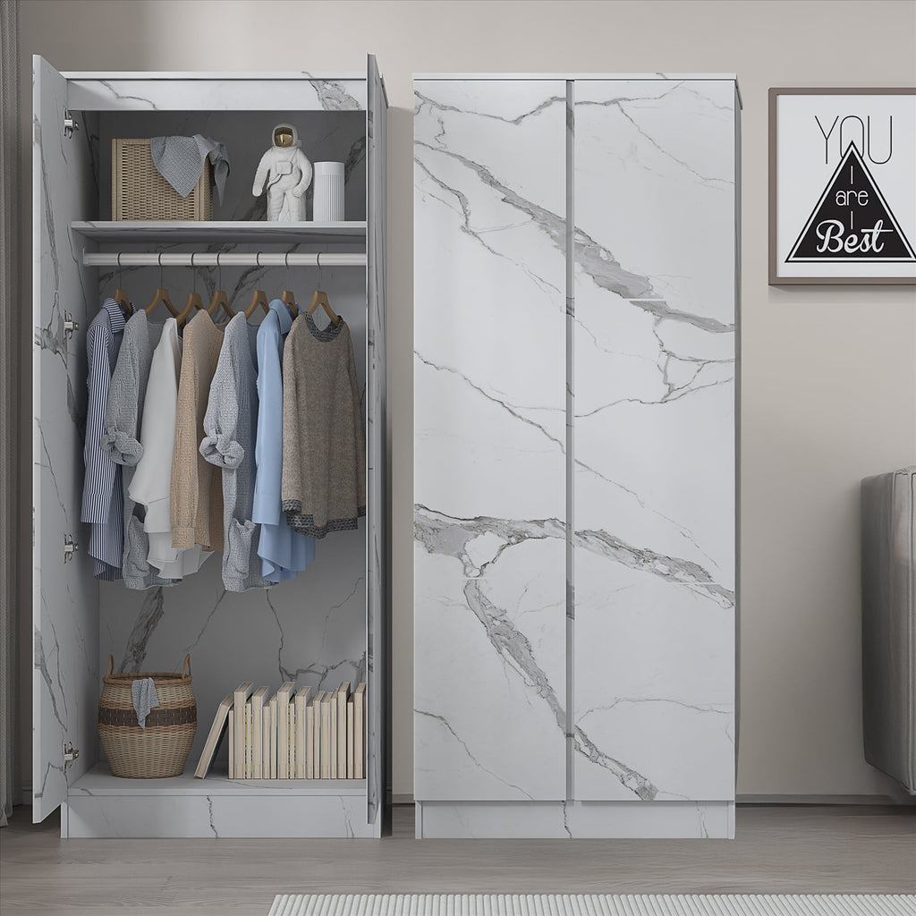 ZITA White Marble Effect 2 Piece Wardrobe Bundle - 2 x 2-Door Wardrobes, (L) 50cm x (W) 76cm x (H) 180cm.