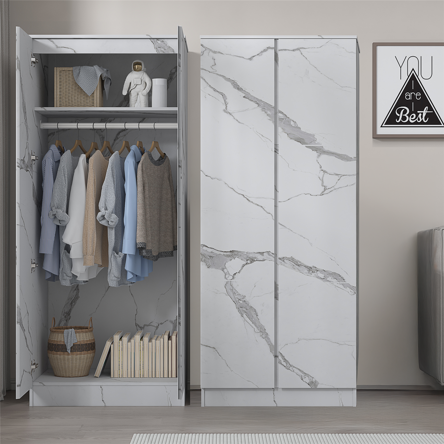 ZITA White Marble Effect 2 Piece Wardrobe Bundle - 2 x 2-Door Wardrobes