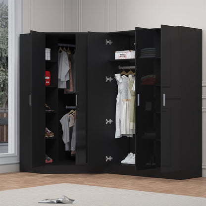Reflect 2pc Wardrobe Bundle - 2 Door Corner + 3 Door Plain - Black Gloss & Black Oak