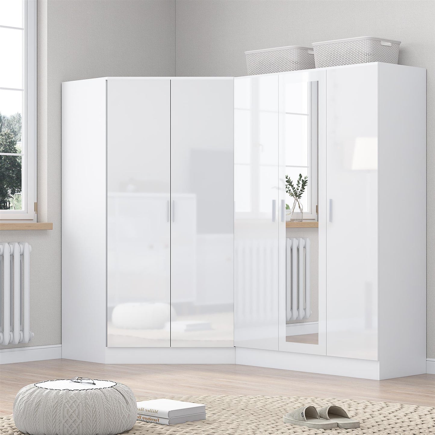 Reflect 2pc Wardrobe Bundle - 2 Door Corner + 3 Door Mirror - White Gloss & Matt White
