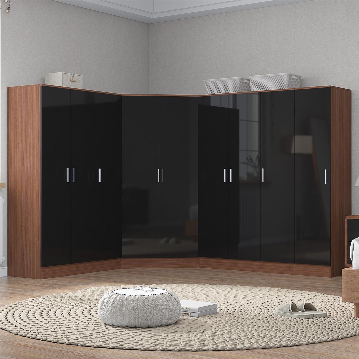 Reflect 4pc Wardrobe Bundle - 2 Door Corner + 2x 3 Door Plain + 1 Door Plain - Black Gloss & Walnut