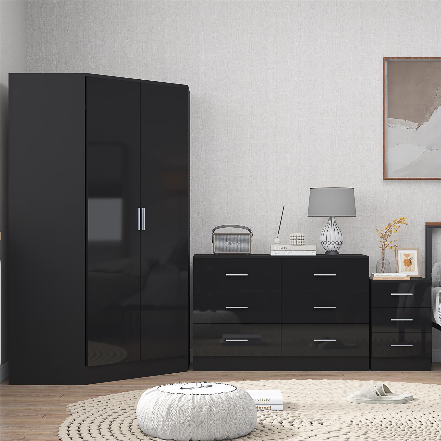 REFLECT - 2 Door CORNER + 6 Drawer Chest + 3 Drawer Bedside - Gloss Black / Matt Black