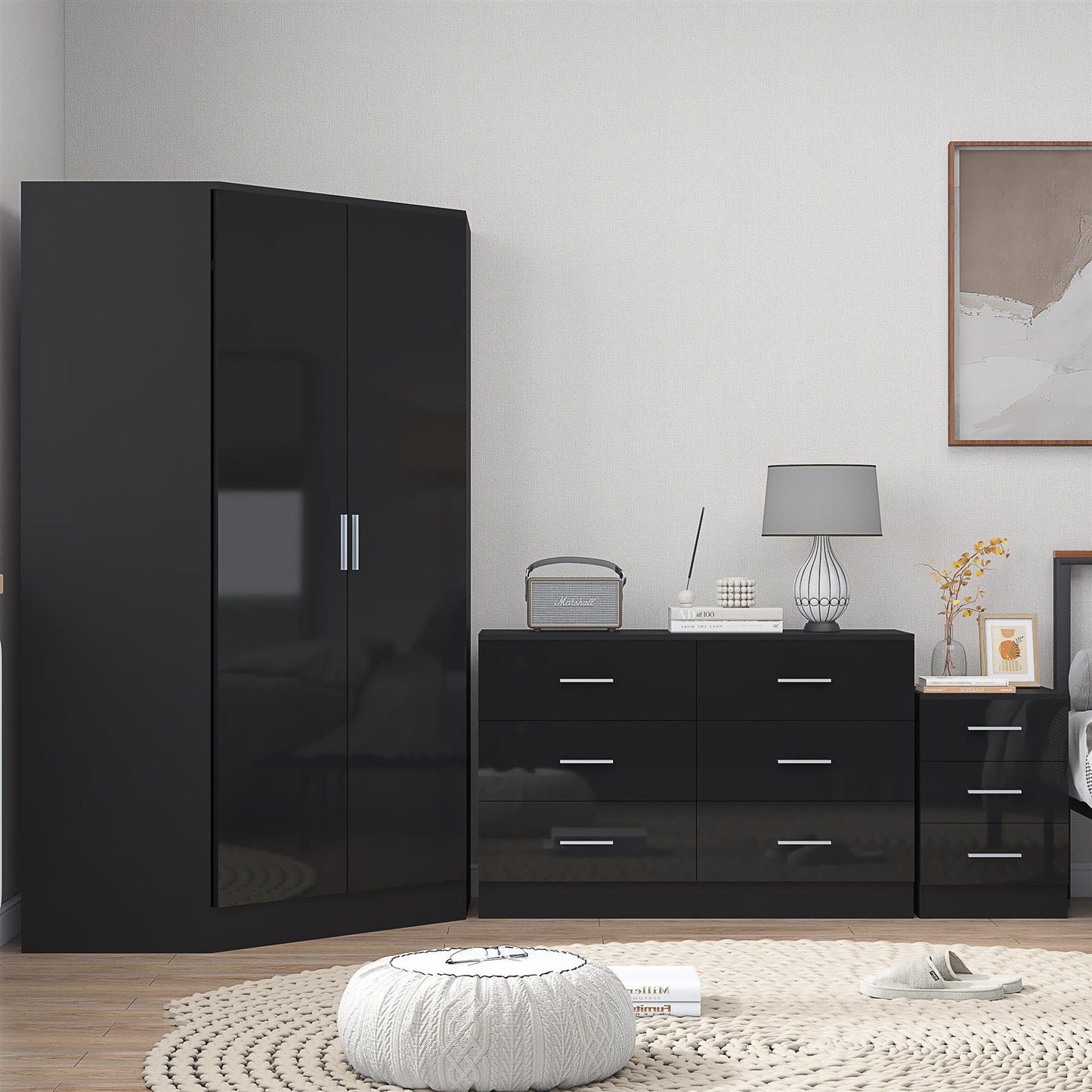Reflect 2 Door Corner Wardrobe, 6 Drawer Chest, 3 Drawer Bedside - Black Gloss & Black Oak - Bedroom Furniture Set