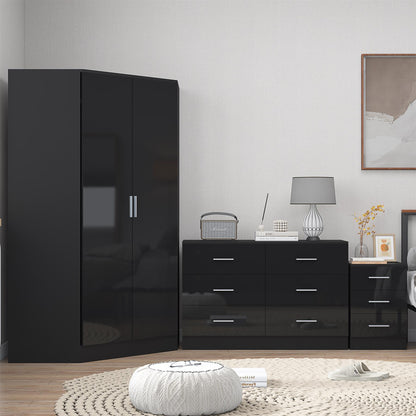 Reflect 2 Door Corner Wardrobe, 6 Drawer Chest, 3 Drawer Bedside - Black Gloss & Black Oak - Bedroom Furniture Set