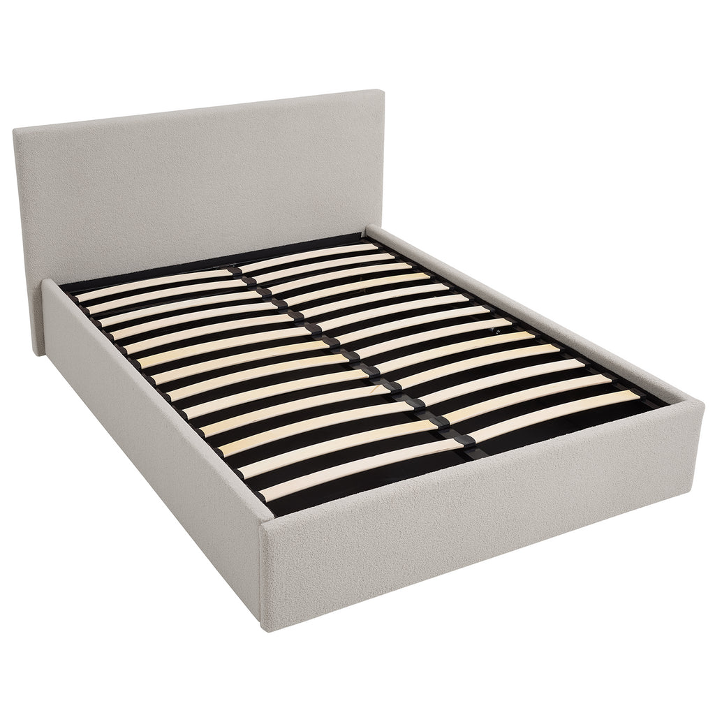 TEDDY BOUCLE 4FT Small Double Beige Ottoman Storage Bed Gas Lift Up with Memory Foam & Spring Mattress