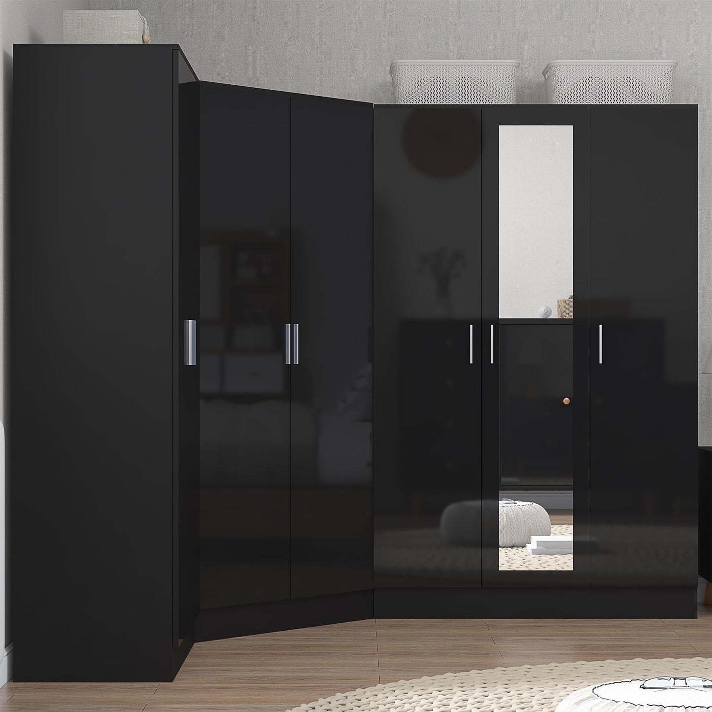 Reflect 3pc Wardrobe Bundle - 2 Door Corner + 3 Door Mirror + 2 Door Plain - Black Gloss & Black Oak