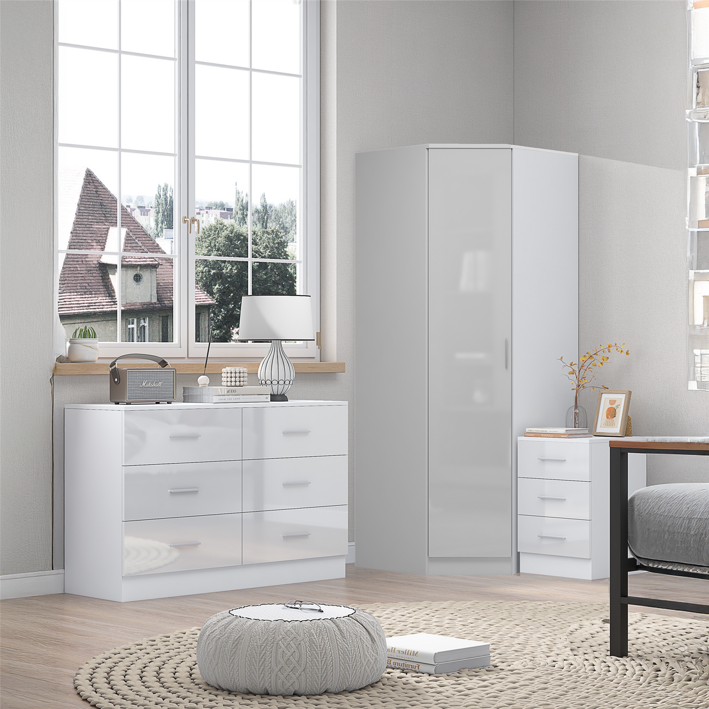 REFLECT - 1 Door Corner + 6 Drawer Chest + 3 Drawer Bedside in Gloss White / Matt White