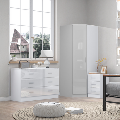 REFLECT - 1 Door Corner + 6 Drawer Chest + 3 Drawer Bedside in Gloss White / Matt White