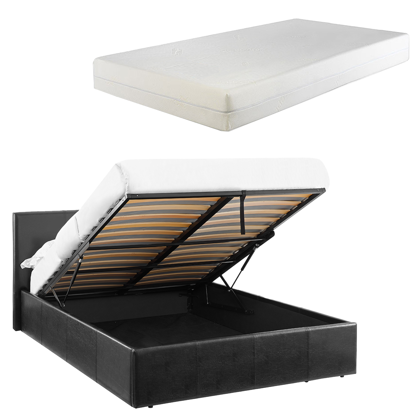 LUNA 4FT6 Double Black Ottoman Storage Bed with Gas Lift & 25cm Thick Memory Foam Mattress