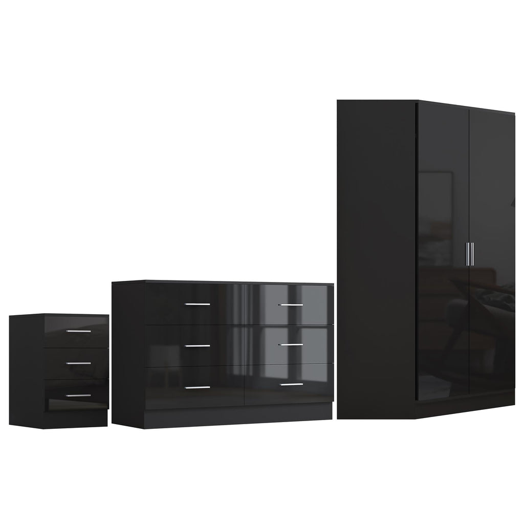 REFLECT - 2 Door CORNER + 6 Drawer Chest + 3 Drawer Bedside - Gloss Black / Matt Black