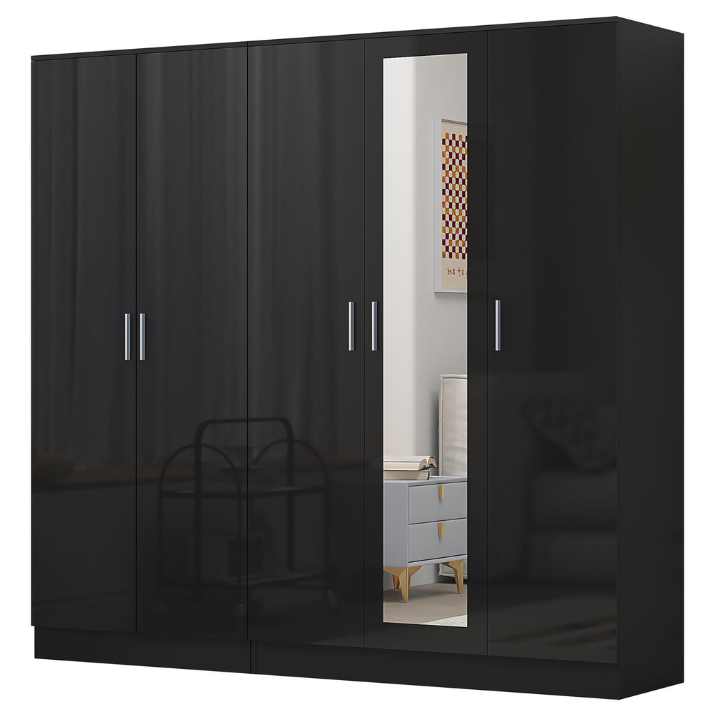 REFLECT - 3 Door MIRROR + 2 Door PLAIN Wardrobe - Gloss Black / Matt Black