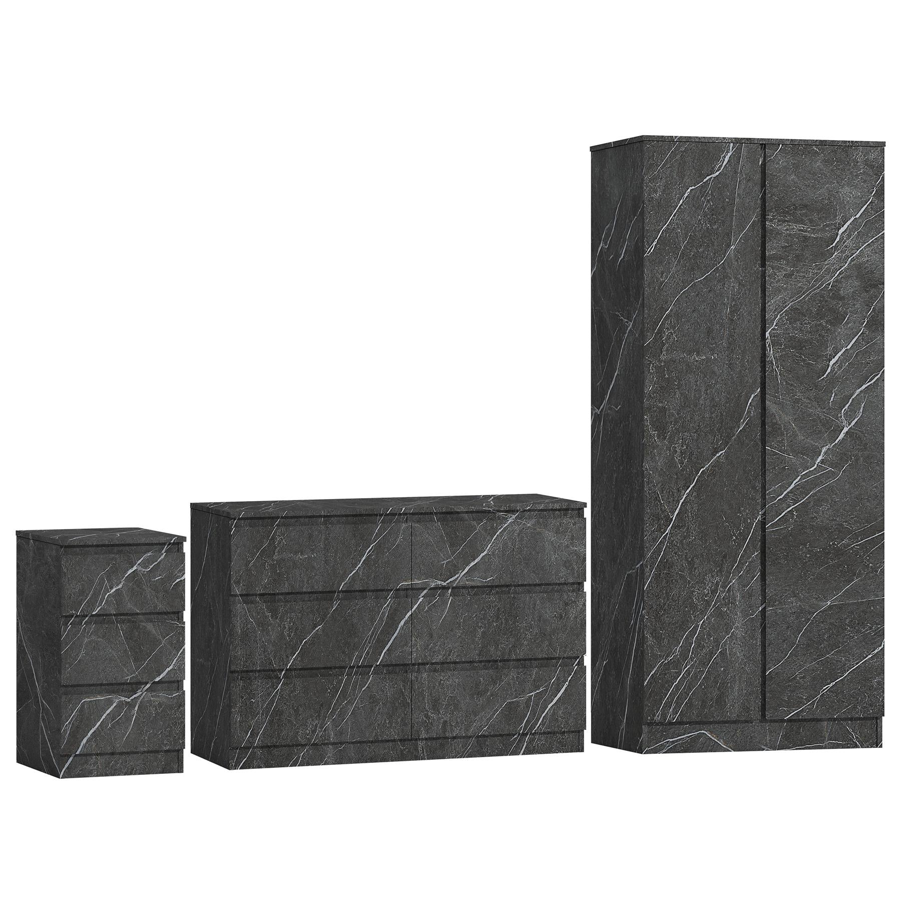 ZITA Grey Marble Effect 3 Piece Bedroom Set - 2 Door Wardrobe, 6 Drawer Chest & 3 Drawer Bedside, Stylish Bedroom Storage