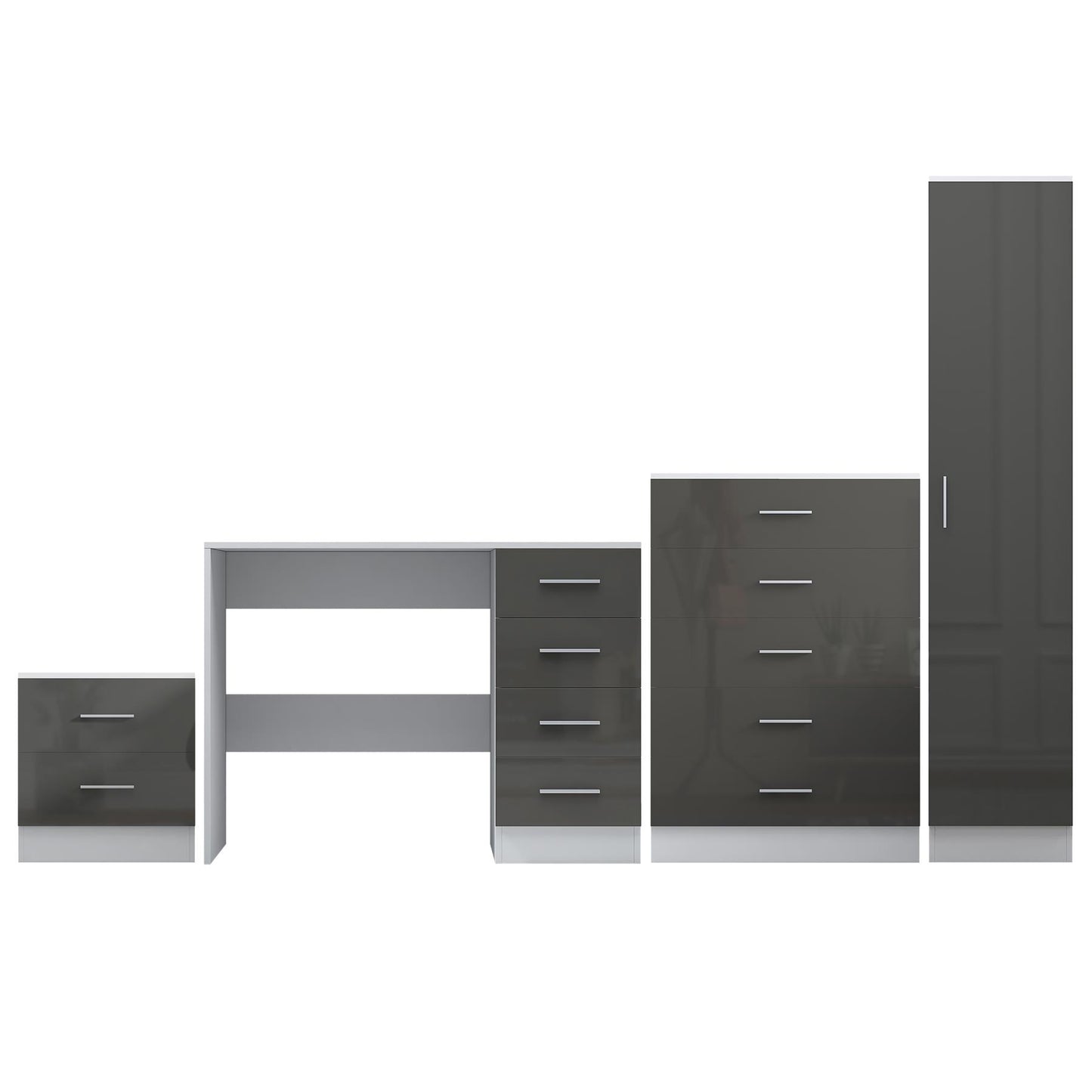 REFLECT Gloss 4pc Bedroom Set - 1 Door Wardrobe + 5 Draw Chest + Bedside + Desk