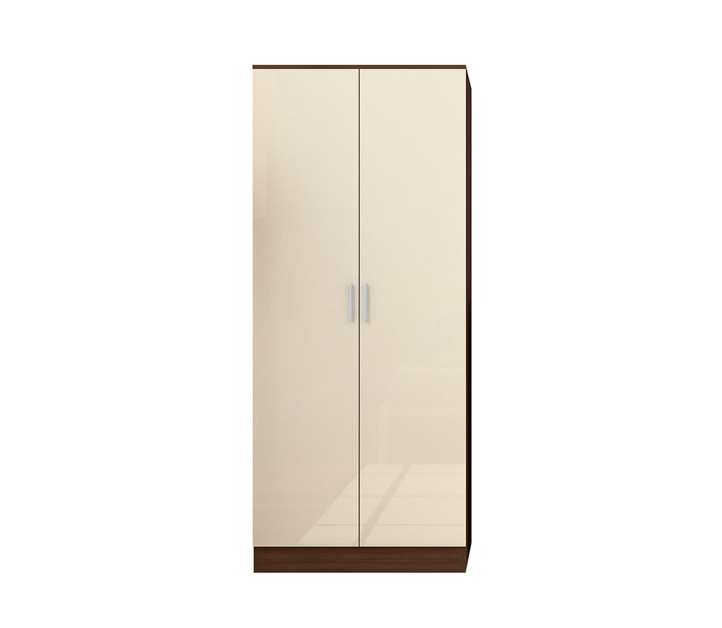 Reflect 2 Door Plain Wardrobe - Cream Gloss & Walnut - Hanging Rails & Shelves - H: 180cm x W: 76cm - Modern Sleek Design
