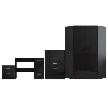Reflect 2 Door Corner Wardrobe, 5 Drawer Chest, 2 Drawer Bedside & Desk - Black Gloss & Black Oak - Bedroom Furniture Set
