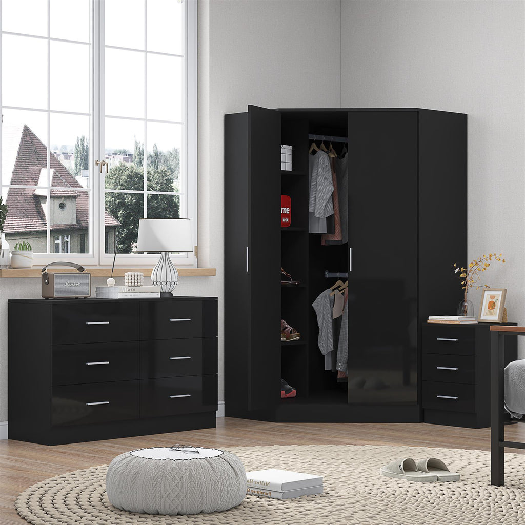 REFLECT - 2 Door CORNER + 6 Drawer Chest + 3 Drawer Bedside - Gloss Black / Matt Black