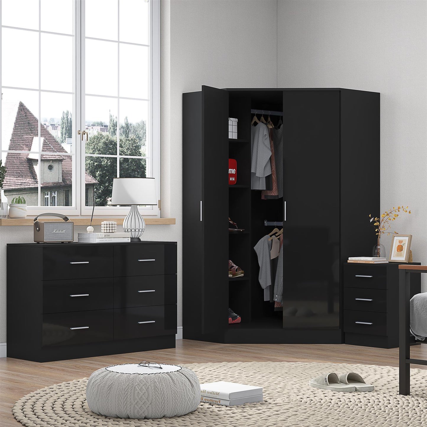Reflect 2 Door Corner Wardrobe, 6 Drawer Chest, 3 Drawer Bedside - Black Gloss & Black Oak - Bedroom Furniture Set
