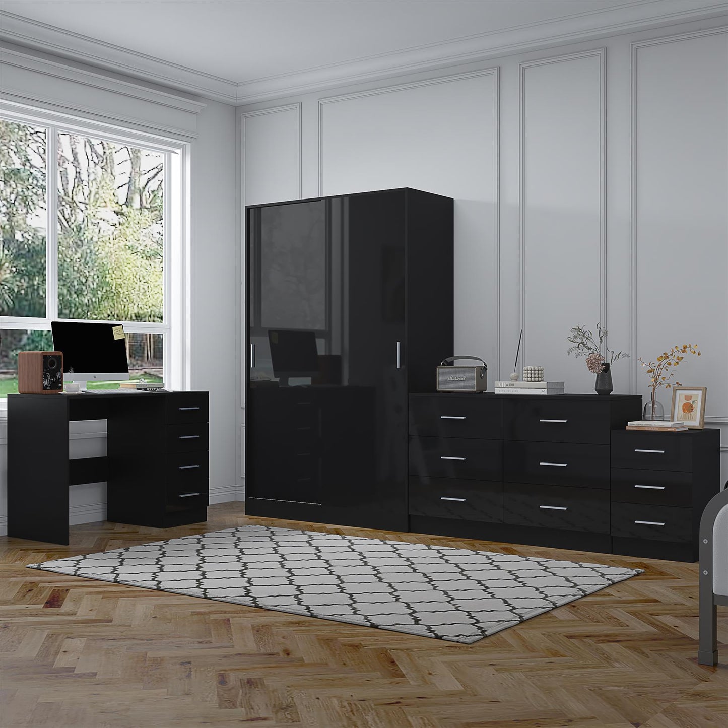 REFLECT Gloss 4pc Set - 2 Door Sliding Wardrobe + Wide Chest + Bedside + Desk