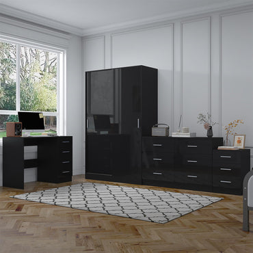 Reflect 2 Door Sliding Wardrobe, 6 Drawer Wide Chest, 3 Drawer Bedside, 4 Drawer Desk - Black Gloss & Black Oak - Modern Bedroom Furniture Set
