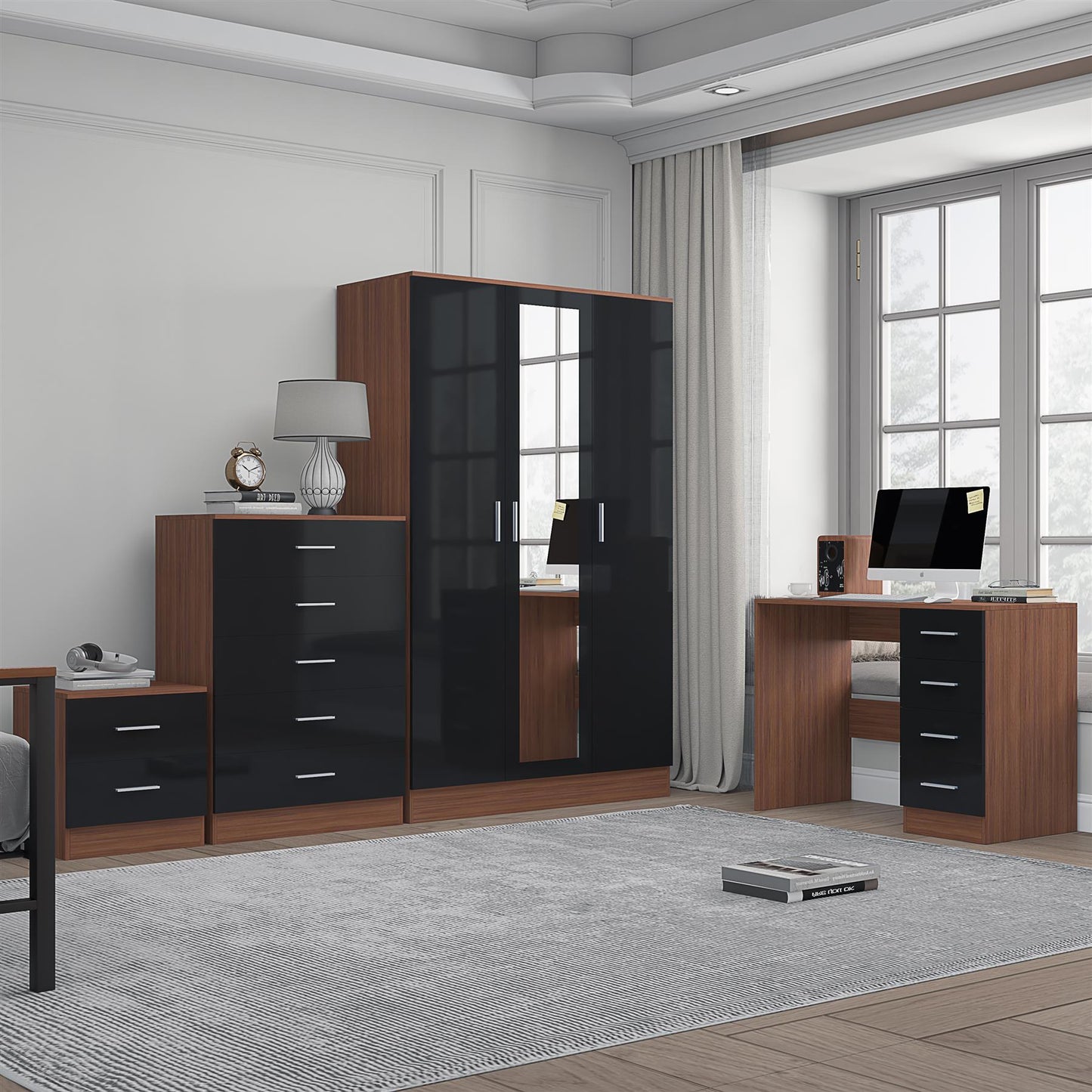 REFLECT Gloss 4pc Set - 3 Door Mirrored Wardrobe + 5 Draw Chest + Bedside + Desk