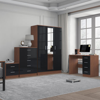REFLECT Gloss 4pc Set - 3 Door Mirrored Wardrobe + 5 Draw Chest + Bedside + Desk