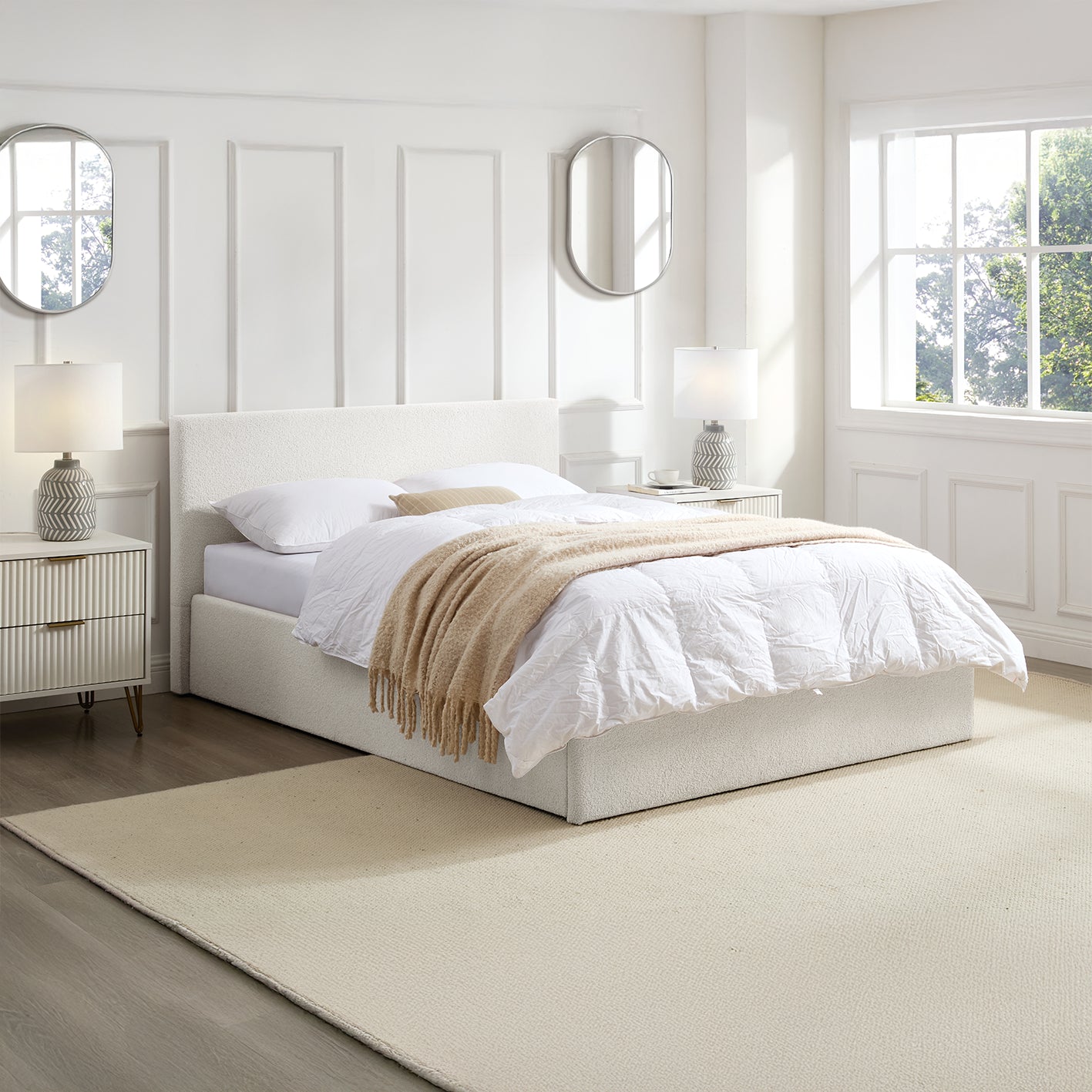 TEDDY BOUCLE 5FT King White Ottoman Storage Bed Gas Lift Up with 20cm Memory Foam Mattress