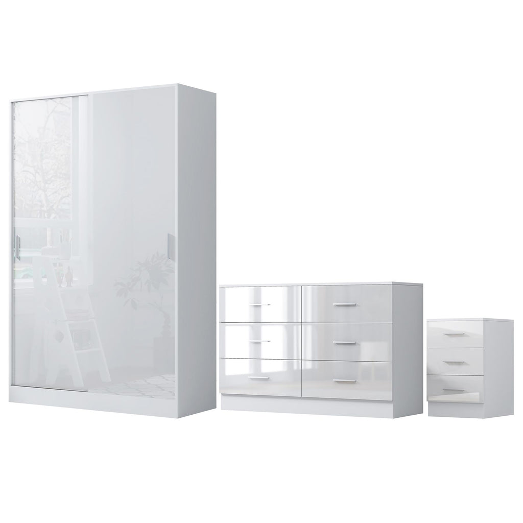 Reflect 2 Door Sliding Wardrobe, 6 Drawer Wide Chest, 3 Drawer Bedside - White Gloss & Matt White - Modern Bedroom Furniture Set