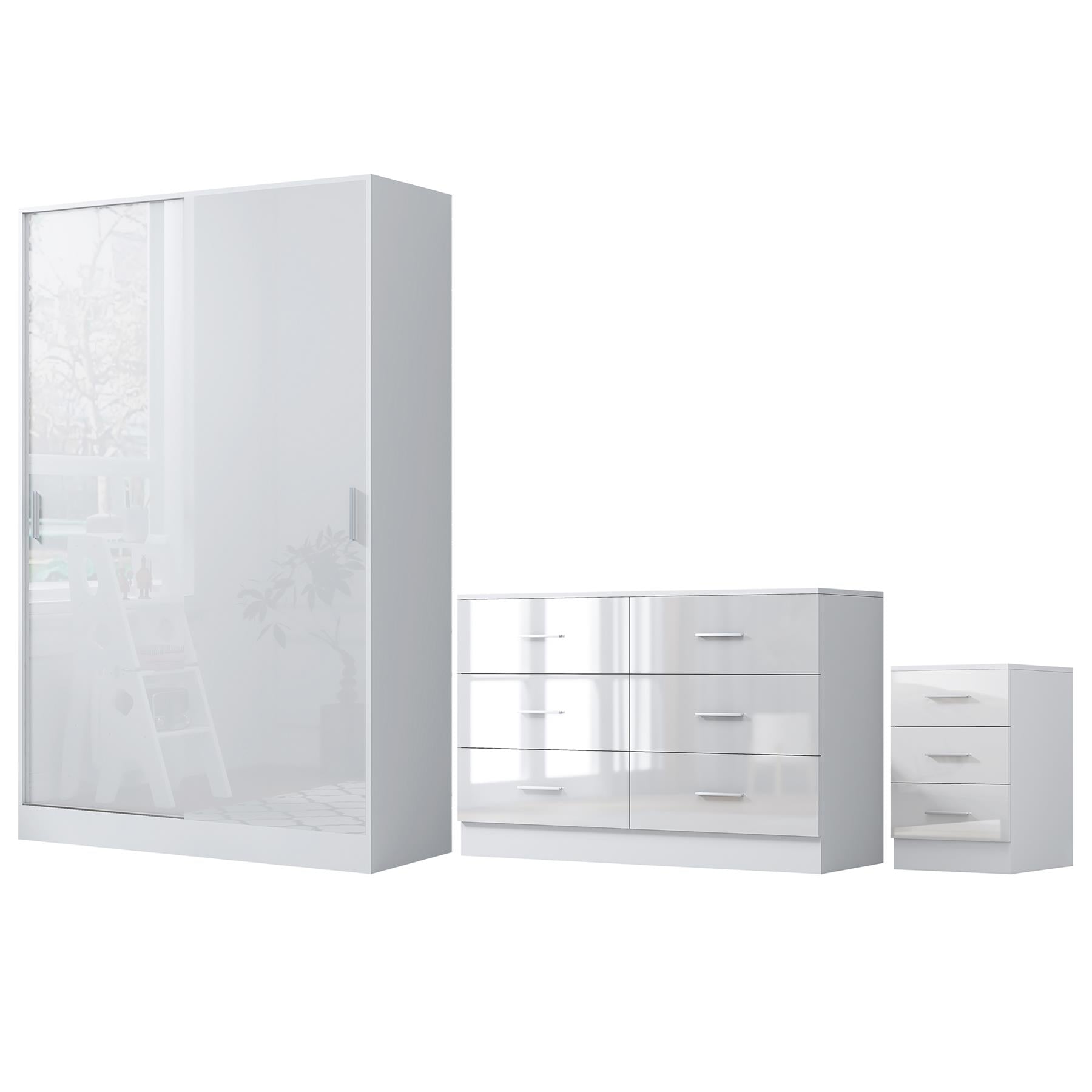 Reflect 2 Door Sliding Wardrobe, 6 Drawer Wide Chest, 3 Drawer Bedside - White Gloss & Matt White - Modern Bedroom Furniture Set