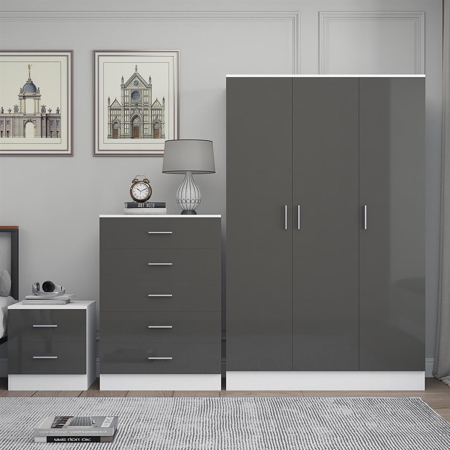 Reflect 3 Door Plain Wardrobe, 5 Drawer Chest, 2 Drawer Bedside - Grey Gloss & Matt White - Modern Bedroom Furniture Set