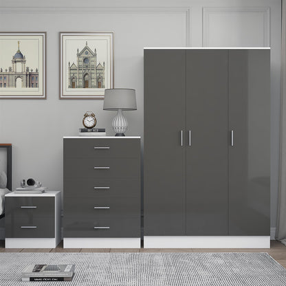 Reflect 3 Door Plain Wardrobe, 5 Drawer Chest, 2 Drawer Bedside - Grey Gloss & Matt White - Modern Bedroom Furniture Set