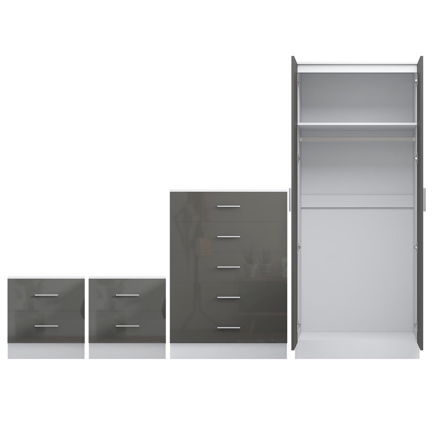 REFLECT Gloss 4pc Set - 2 Door Mirrored Wardrobe + 5 Draw Chest + 2 Bedsides