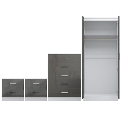 REFLECT Gloss 4pc Set - 2 Door Mirrored Wardrobe + 5 Draw Chest + 2 Bedsides