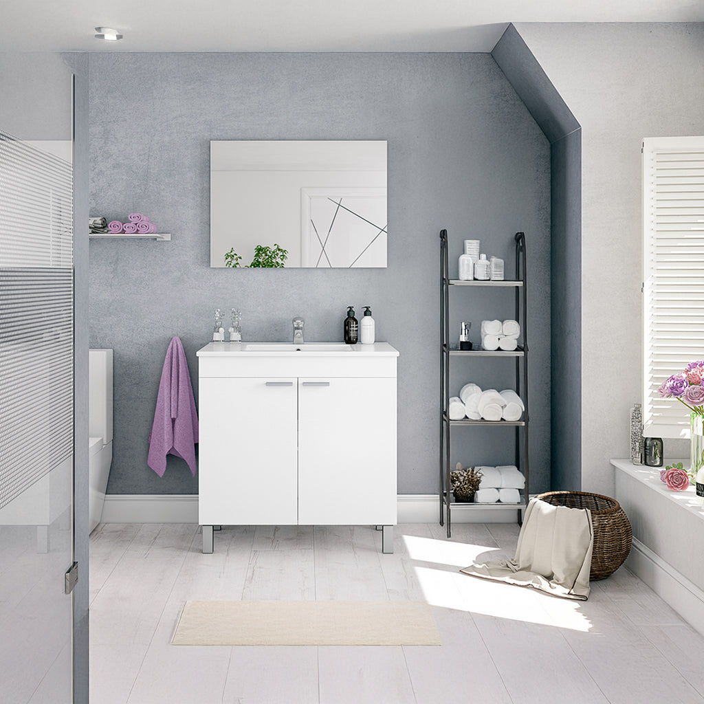 BALTIC 80cm Wide White Sink Unit 2 Door Under Basin Cabinet with Mirror