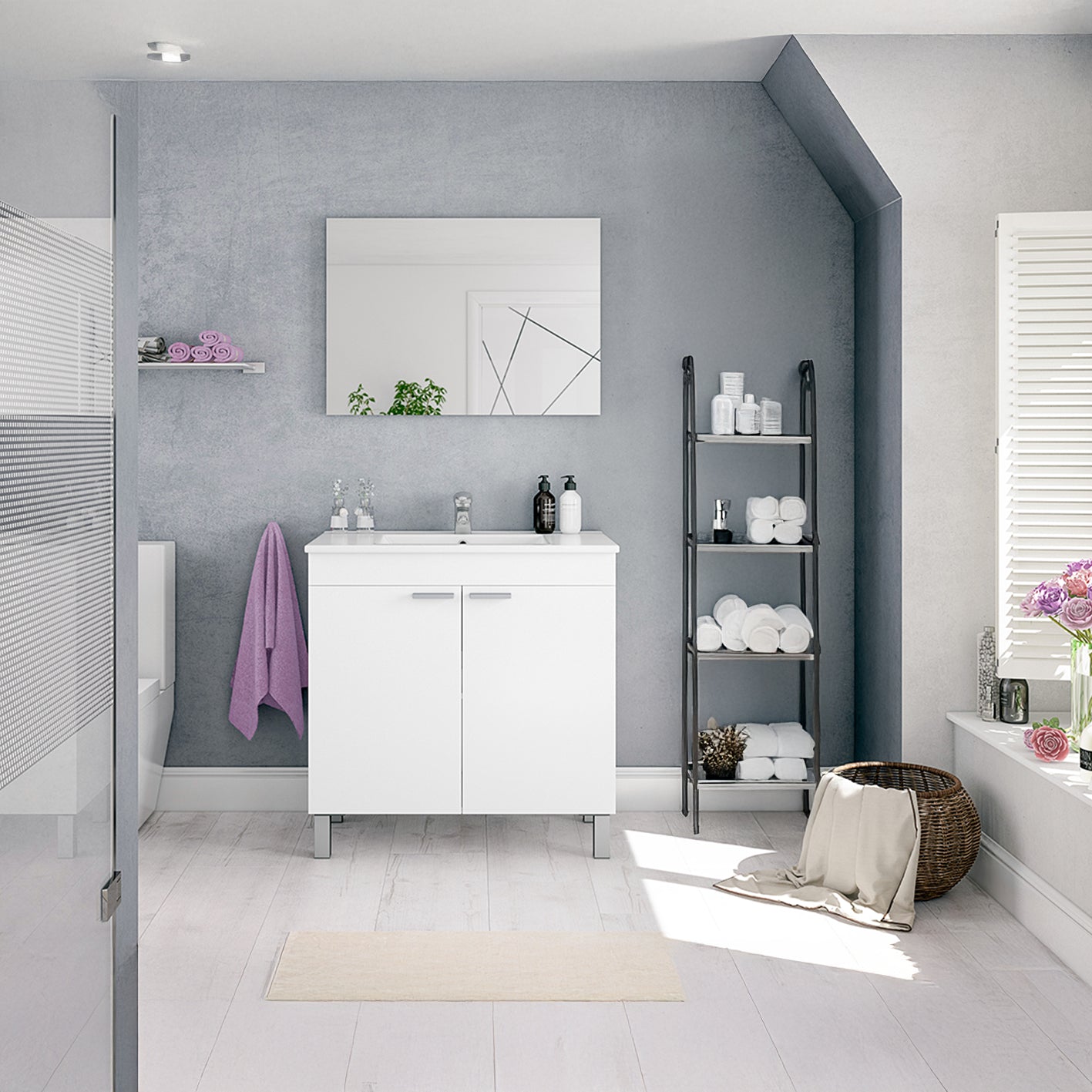 BALTIC 80cm Wide White Sink Unit 2 Door Under Basin Cabinet with Mirror