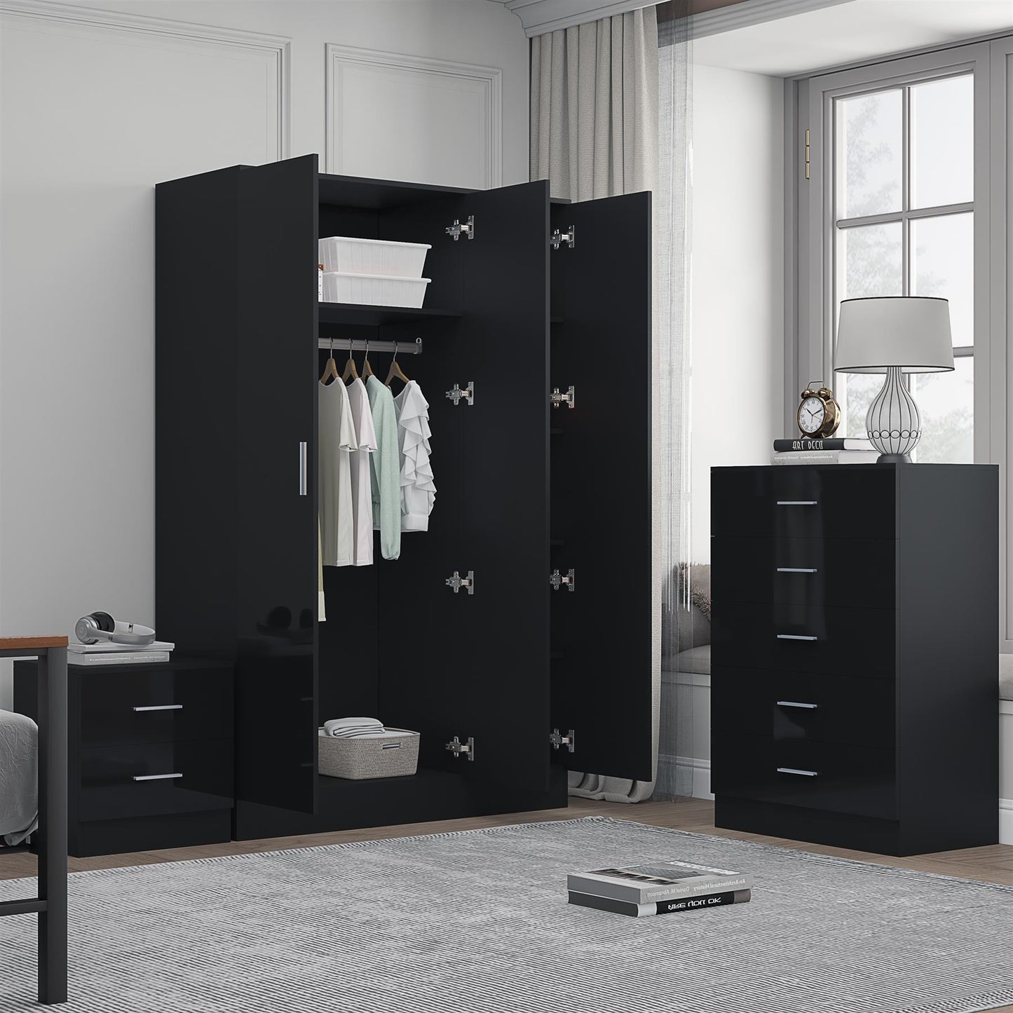 REFLECT Gloss 3pc Bedroom Set - 3 Door Wardrobe + 5 Draw Chest + Bedside