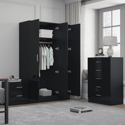 Reflect 3 Door Plain Wardrobe, 5 Drawer Chest, 2 Drawer Bedside - Black Gloss & Black Oak - Modern Bedroom Furniture Set