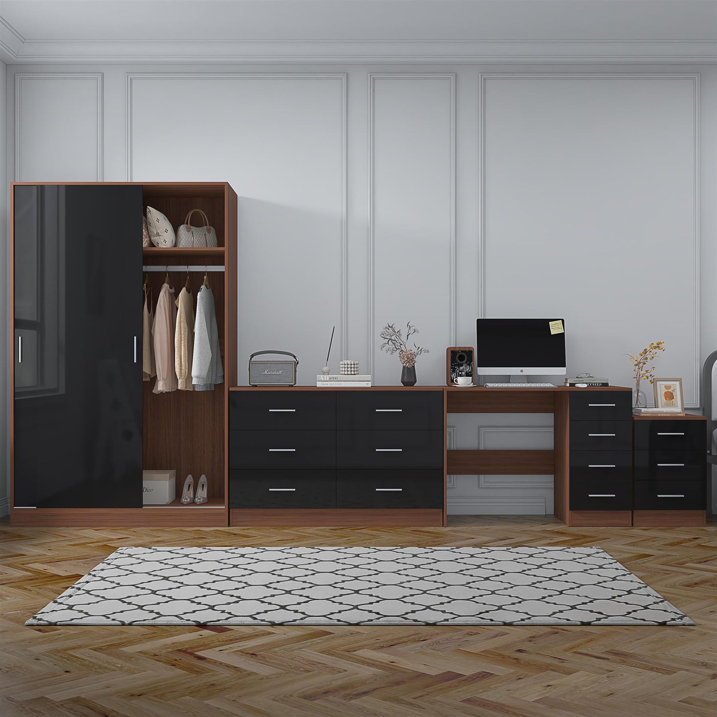 Reflect 2 Door Sliding Wardrobe, 6 Drawer Wide Chest, 3 Drawer Bedside, 4 Drawer Desk - Black Gloss & Walnut - Modern Bedroom Furniture Set